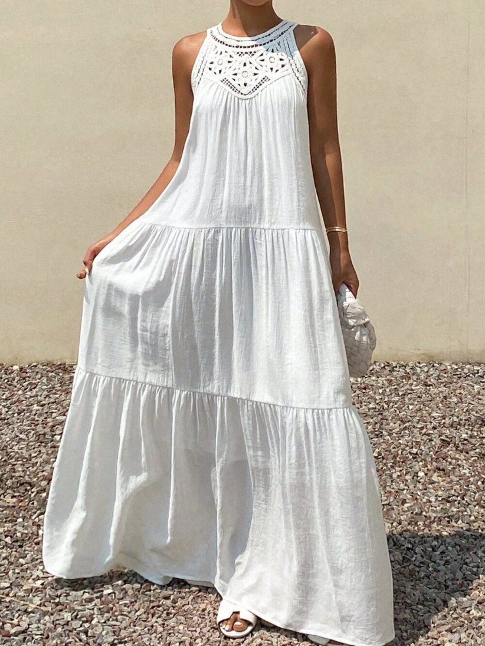 White Boho Women's Vacation Ruffle Hem Sundress
